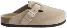 Casual Suede Mules With Cork-bed Midsoles, Casual Beige Suede Clogs, Beige Suede Casual Clogs, Casual Mules With Buckle Closure For Outdoor, Classic Suede Clogs With Buckle Closure, Classic Suede Mules With Buckle Closure, Outdoor Suede Slip-on Mules, Modern Slide Clogs With Leather Footbed, Modern Leather Footbed Slide Clogs