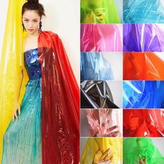 the woman is wearing colorful plastic bags