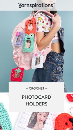 the crochet photocard holder is shown with pictures