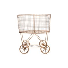 an old fashioned metal baby carriage with wheels and a basket on the front, against a white background