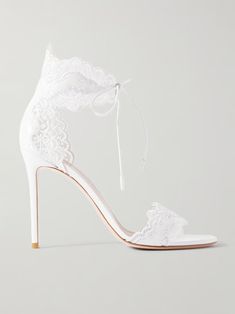 GIANVITO ROSSI Evie 105 lace-trimmed leather sandals | NET-A-PORTER Feminine Open Heel Wedding Sandals, Feminine Wedding Sandals With Open Heel, Chic Wedding Sandals With Open Heel, Feminine Fitted Wedding Sandals, Elegant Wedding Sandals, Elegant White Wedding Sandals, Elegant Ankle Strap Sandals For Wedding, Luxury Open Heel Wedding Sandals, Elegant Fitted White Sandals