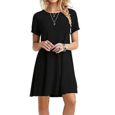 Casual Tshirt Dress Women Summer Plain Loose Short Sleeves Midi Dresses Vestidos - Black - 4583443715 - Women's Clothing, Dresses  #Dresses #Women's #Clothing # #Dresses Loose Mini Dress, Causal Dresses, Boho Beach Dress, Long Tunic Tops, Simple T Shirt, Short Summer Dresses, Solid Color Dress, Maxi Robes, Short Sleeve Mini Dress