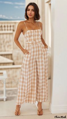 Olivia Mark - Fashionable Plaid Overall Jumpsuit Plaid Jumpsuit, Summer Jumpsuit, Two Piece Jumpsuit, Backless Jumpsuit, Jumpsuit Pattern, Boho Floral Dress, Plaid Fashion, Vintage Plaid, Printed Jumpsuit