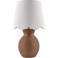 a brown table lamp with a white shade on the base and a light bulb attached to it