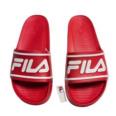 New With Tag Size: M 10 Color: Red Unisex Smoke Free Home Red Cushioned Slides For Streetwear, Casual Red Slides With Cushioned Footbed, Red Slides For Sports In Summer, Red Slides For Sports And Summer, Shoes Fila, Fila Shoes, Galaxy Wallpaper, Flip Flop Sandals, Red Color