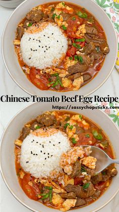 two bowls filled with rice and beef in tomato sauce