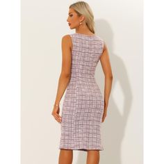 The tweed midi dress is the epitome of elegance and sophistication. With its timeless plaid pattern and bodycon fishtail silhouette, it's the perfect choice for those who want to make a stylish statement. Dress it up with heels and statement accessories for a formal event or pair it with sandals for a more casual look. Fitted Sleeveless Tweed Summer Dress, Fitted Sleeveless Tweed Dress, Sleeveless Fitted Tweed Dress, Elegant Plaid Tweed Dress, Chic Fitted Plaid Tweed Dress, Elegant Pink Sleeveless Tweed Dress, Spring Fitted A-line Tweed Dress, Fitted Plaid Tweed Dress, Fitted Houndstooth Tweed Dress