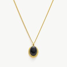 ▼Description The Agate Pendant 18kt gold necklace suspends a striking oval white onyx-a precious stone thought to stimulate imagination and creativity. It has a fine-link chain. ◄Details Composition: 18 kt gold brass/agate18 kt gold chainHeart clasp fastening ◄Size & Fit Chain length: 42cmPendant size: 2*1.5cmExtra length chain: 5cm Adjustable length ◄Shipping Information Free standard shipping on all orders. An average shipping interval for standard delivery is 5-14 working days. Modern Gold Jewelry With Oval Cabochon, Formal Onyx Oval Necklace, Minimalist Oval Necklaces With Gold Chain, Classic Oval Cabochon Necklace With Polished Finish, Classic Oval Onyx Necklaces, Necklace C, Agate Pendant Necklace, White Onyx, Mini Hoop Earrings