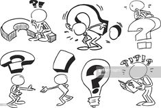 cartoon characters with question marks on their faces and hands, including one person holding a light bulb