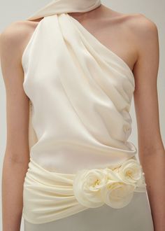 Silk wrap neck top in cream | Magda Butrym 90’s Outfits, Minimal Wedding Dress, Wrap Midi Skirt, Magda Butrym, Flower Skirt, Scarf Dress, Silk Mini Dress, Silk Wrap, Neck Wrap