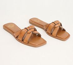 Casual yet sophisticated, comfortable yet stylish -- with their woven and squared-off design, these leather slide sandals satisfy a slew of summer events on your calendar. From Vince Camuto.  Original item is A594313. This product may be a customer return, vendor sample, or on-air display and is not in its originally manufactured condition. It may not be new. In some instances, these items are repackaged by QVC. Brown Woven Leather Slides For Spring, Brown Woven Leather Slides For Summer, Chic Summer Woven Leather Slides, Men Leather Sandals Fashion, Trendy Outfit Inspo, Beautiful Sandals, Leather Slide Sandals, Summer Events, Leather Slides