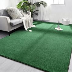 a living room with a couch and green rugs on the floor in front of a window