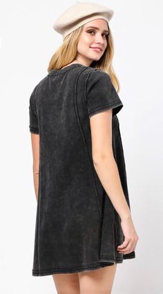 "Fit & Flair Acid Washed Cotton T-shirt Dress features raw edged seams and loose, comfy fit. Distressed Acid Washed Vintage coloring, dyed by hand. Blue available Black sold out 100% American Cotton Jersey Made in Philadelphia, PA. S = 34A-D bust x 25-26\" waist/jean size M = 36A-D bust x 27-28\" waist/jean size L = 38A-D bust x 29-30\" waist/jean size" Casual Cotton T-shirt Dress With Relaxed Fit, Casual Acid Wash T-shirt With Frayed Hem, Casual Washed Black Pre-washed T-shirt, Washed Black Casual T-shirt, Acid Wash T-shirt With Frayed Hem And Relaxed Fit, Black Casual T-shirt With Frayed Hem, Casual Black T-shirt With Frayed Hem, Pre-washed Washed Black Short Sleeve T-shirt, Pre-washed Short Sleeve T-shirt In Washed Black