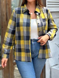 Plus Size Casual Plaid Print Long Sleeve Shirt, Autumn Yellow Casual  Long Sleeve Woven Fabric Plaid Shirt Slight Stretch  Women Plus Clothing, size features are:Bust: ,Length: ,Sleeve Length: Plaid Print Shirt, Autumn T Shirts, Loose Shirts, Gingham Print, Shoulder Shirts, Kids Sleepwear, Plaid Print, Plus Size Blouses, Plus Size Casual