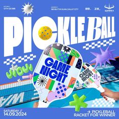 an advertisement for a game night featuring paddles, balls and other items on a blue background