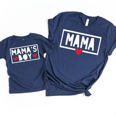 "Mommy and Me Valentine Shirts Mama Mama's boy | Matching Valentines Day Shirts Outfits Baby Toddler Kids Mom Gift This adorable mommy and me Valentine shirts is perfect for Valentine's Day. This Valentines saying will bring joy to anyone who reads it.  EACH SHIRT IS SOLD SEPARATELY, PLEASE ADD EACH SHIRT ONE AT A TIME TO YOUR CART THEN CHECK OUT. + Machine washable & dryer safe (I recommend drying on delicate) + Design color will depend on the color of the shirt that you select. For more inform Matching Valentines Day Shirts Family, Blue Tops With Text Print For Father's Day, Blue Graphic Print Top For Mother's Day, Mother's Day Blue Graphic Print Top, Cute Blue Tops For Family Occasions, Mother's Day Blue Crew Neck Shirt, Blue Cotton T-shirt For Mother's Day, Blue Family Matching Tops For Father's Day, Family Matching Blue Shirt