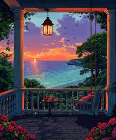 a painting of a porch overlooking the ocean at sunset or sunrise with a lamp hanging over it