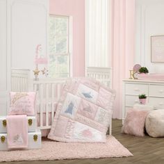 The perfect collection for your pretty princess! This Princess Enchanting Dreams 3 Piece Crib Bedding Set includes a 34" x 43" comforter, a 28" x 52" fitted crib sheet and a 27" x 51" crib skirt. The comforter is a sweet baby pink adorned with mixed pieced fabrics like faux velvet and sparkle jacquard. Embroidered gold and silver stars decorate the front along with Cinderella's glass slipper, pumpkin carriage, castle, and crown appliques! A sparkly metallic organza ruffle decorates the trim. Rev Girls Disney Nursery, Disney Crib Bedding, Princess Nursery Theme, Princess Crib, Disney Princess Nursery, Disney Themed Nursery, Mini Crib Bedding, Girl Nursery Themes