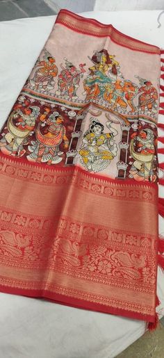 Soft Banarasi Silk Kalamkari Flower Print Design Party Wear Saree We take pride and excited to introduce these royal ethnic sarees to you! It's highly handpicked and designed exclusively just for you! Exult this festival/wedding season with these incredible weaved pure Soft Banarasi silk sarees, that is high in quality and weaving all over the body with Zari work And majestic contrast Kalamakri Designe Print and royal ombre kinda pallu. It pairs with a contrasting blouse with a border to make them look even more classic and graceful. Saree Cut: 5.50 mt Saree Blouse: 0.80 mt || Easy Hand Wash ||  || 100% Quality assurance Item || Anarkali Lehenga With Kalamkari Print For Puja, Red Kalamkari Print Lehenga For Festivals, Festive Kalamkari Print Pre-draped Saree, Festive Pre-draped Saree With Kalamkari Print, Wedding Saree With Kalamkari Print For Festivals, Pre-draped Saree With Traditional Patterns For Ceremonies And Festivals, Art Silk Saree With Kalamkari Print In Traditional Drape, Art Silk Saree With Kalamkari Print, Festival Kalamkari Print Tussar Silk Traditional Wear