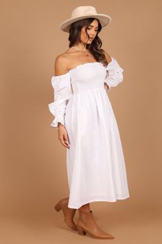 Domenica Shirred Long Sleeve Midi Dress - White - Petal & Pup USA Feminine Midi Dress With Smocked Cuffs For Brunch, Spring Off Shoulder Dress With Gathered Sleeves, Summer Off-shoulder Dress With Gathered Sleeves, Elegant Off Shoulder Midi Dress For Day Out, Spring Off-shoulder Midi Dress For Daywear, Spring Ruched Off Shoulder Midi Dress, Ruched Long Sleeve Off Shoulder Dress For Summer, Long Sleeve Ruched Off Shoulder Dress For Summer, Brunch Midi Dress With Smocked Bodice And Straight Neckline