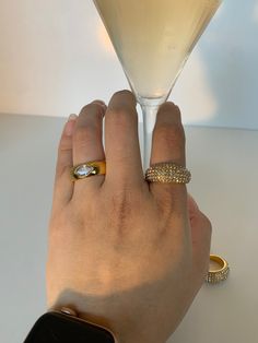 A Classy statement ring that goes with everything. Best worn by itself to outshine the rest. Micro pave 18K PVD gold plated ring, waterproof, non tarnish, and stainless steel. Luxury Stainless Steel Elegant Rings, Luxury Dome Ring, Luxury Jewelry Diamond, Ring Luxury, Dome Ring, Stainless Steel Ring, Jewelry Diamond, Domed Ring, Stackable Ring