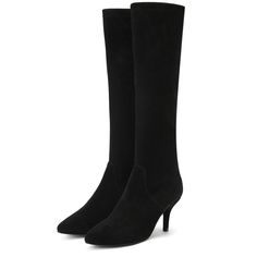 The Saint Jemima black stretch suede knee high boot is a luxury that cleverly combines a stylish youthful outlook. These knee high boots have a black stretch suede upper and a pointed toe to add a touch of style to your everyday look. Made from the finest materials and finished with trending design details. Features a covered stiletto heel, stitching details with paneled finish. complete with leather lining, padded leather footbed with stamped logo and tunit sole. The height of the Boot is- 45.7 Suede Knee-high Boots For Work, Fitted Knee-high Boots For Work, Fitted Black Mid-calf Boots With High Shaft, Fitted Suede Knee-high Boots For Work, Fitted Knee-high Boots With High Shaft For Winter, Fitted High Shaft Knee-high Boots For Winter, Elegant Pointed Toe Knee-high Boots For Winter, Elegant Knee-high Pointed Toe Boots For Winter, Elegant Fitted Knee-high Boots