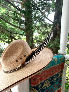 Buckaroo hat feather.  Feather consist of large turkey wing measuring from feather tip to quill end 14 inches long.    Accent feather is rooster.   Quill is finished with a leather bead.  Simple but gorgeous colors to add dimension to your buck-a-roo fashion or Reinactment outfit.  I hand tie and create each piece. Feather will be packed in a double wall mailing box with appropriate packing to ensure safe arrival to you without worry. Note: feathers are ethically sourced.   Hat for display purpose only. Curved Brim Hat Bands With Feathers For Western-themed Events, Summer Brimmed Hat With Feathers, Summer Wide Brim Hat With Feathers, Brown Hats With Feathers For Country Events, Brown Country Hat With Feathers, Brown Feathered Hat For Country Events, Brown Brimmed Hat With Feather Trim, Country Style Brown Hat With Feathers, Brown Feathered Country Hat