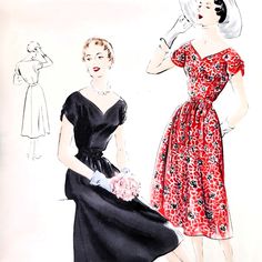 an illustration of two women in dresses and hats