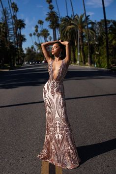 A&N Luxe Maurita Gown - Rose Gold Sequins V Plunge Neckline Prom Gown Gold Sequin Gown, Sequins Gown, Sequins Fabric, Rose Gold Sequin, Deep Plunge, Sequin Gown, Plunge Neckline, Satin Gown, Prom Night