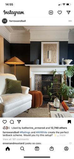 a living room with a fireplace and pictures on the wall above it that says instagram