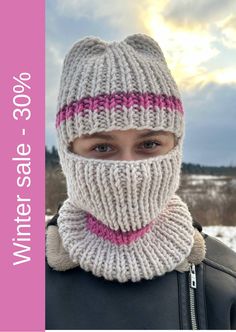 This knit balaclava is a beautiful and stylish way to stay warm in cold weather. It is made of soft, high-quality yarn in a grey color with pink stripes. The balaclava is hand-knitted, which gives it a unique and special touch. I invite you to my store to see more balaclavas  https://www.etsy.com/shop/SaBalchik?ref=l2-about-shopname&section_id=36517802 if you would like a line of a different color, write to us and we will make a different color for you. Crochet Ski Mask, Balaclava Knit, Granny Square Hat, Balaclava Crochet, Balaclava Ski Mask, Crochet Balaclava, Knit Balaclava, Winter Face Mask, Knitted Balaclava