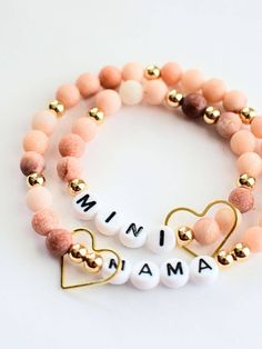 Mama and MINI Pink gold beaded stretch bracelet jewelry set ~ Two and Crew Trendy Round Bead Jewelry For Mother's Day, Everyday Jewelry With Heart Charm And Round Beads, Heart Shaped Beaded Bracelet With Letter Beads As Gift, Heart-shaped 8mm Bead Jewelry Gift, Trendy Heart Charm Bracelets For Mother's Day, Pink Stackable Stretch Bracelet For Mother's Day, Pink Bracelets For Mom, Valentine's Day Gift, Trendy Heart Beads Bracelets For Mother's Day, Trendy Heart Beads Bracelet For Mother's Day