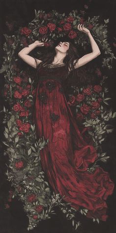 a painting of a woman in a red dress surrounded by roses with her hands behind her head