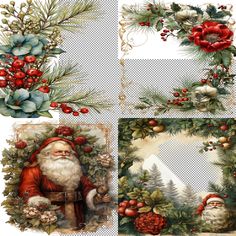 three christmas images with santa claus and holly wreaths on the bottom, one in red