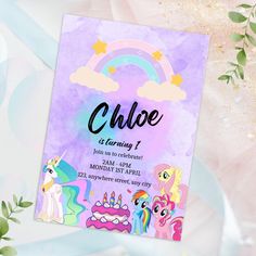 a little pony birthday party with pink and purple background