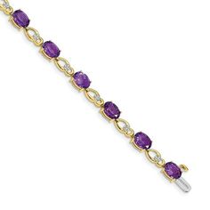 Add the perfect touch of design to your outfit with this elegant bracelet. Fashioned from 14 karat yellow gold, this 7-inch long bracelet is enhanced with 7x5mm oval shaped 9 cttw purple amethyst gemstones and sparkling round natural diamonds accents for gorgeous look. It closes with a box catch clasp for worry free wear. Metal Weight: 6.36 grams Jewelry Type: Fine Bracelet Style: Gemstone and Diamond Bracelet Jewelry Finish: High Polish Gender: Women's Clasp: Box Catch Metal: Gold Gold Karat: 1 Elegant Purple Tennis Bracelet, Formal Purple Fine Jewelry Bracelet, Amethyst Color, Diamond Chain, Elegant Bracelet, Fine Jewelry Bracelets, Yellow Gold Bracelet, Purple Stones, Amethyst Stone