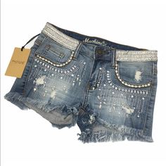 New With Tags Very Unique Machine Distressed Cutoff Jean Shorts! Embellished With Rhinestones Throughout The Shorts! Shorts Are 11” Long! Great And Rare Pair Of Shorts Trendy Mid-rise Bottoms With Rhinestones, Denim Bottoms With Rhinestones For Night Out, Denim Rhinestone Bottoms For Night Out, Mid-rise Bottoms With Rhinestones For Spring, Night Out Denim Bottoms With Rhinestones, Spring Mid-rise Bottoms With Rhinestones, Fitted Denim Bottoms With Rhinestones, Bedazzled Denim Bottoms, Casual Fitted Bottoms With Rhinestones