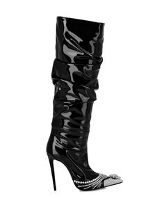 Find PHILIPP PLEIN Crystal-embellished Patent Leather Boots on Editorialist. black calf leather patent finish crystal embellishment pointed toe silver-tone hardware metal toecap slip-on style knee-high high stiletto heel leather sole Leather Boots Black, Hi Fashion, Patent Leather Boots, Chic Leather, Iconic Bags, Philipp Plein, Boots And Sneakers, Flat Boots, Ballet Flat Shoes