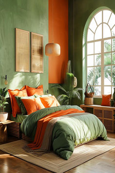 Sunlit tropical bedroom with green and terracotta bedding and natural decor. Bedroom Inspirations Orange And Green, Green Orange Color Palette Bedrooms, Green Wall Orange Bedding, Green Wall Terracotta Bedding, Green Terracotta Color Palettes, Orange Green Painting, Tropical Bedroom, Green And Orange Bedroom, Terracotta Color Palette Bedrooms Bedding & Blankets