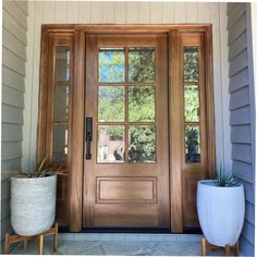 the front door to a house with potted plants