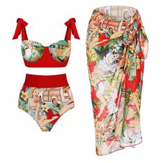 DETAILS Bikini swimsuit and sarong/skirt Sarong length is 96cm Comes with internal bust padding Quick drying with sheen Cold gentle machine wash Print placement may vary Bowknot Tie-shoulder Sarong is made of chiffon Elastane/Spandex Product ID:YS220418008 Retro Swimwear, Red One Piece, Pool Day, Print Swimwear, Swimwear Sets, Swimsuit Set, Print Swimsuit, Summer Skirts, Beach Vibes