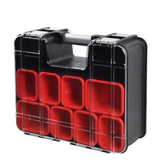 a black and red plastic storage case with six compartments on the front, one is empty