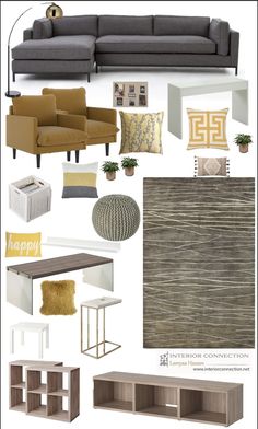 a collage of furniture and decor items including couches, coffee table, bookshelf