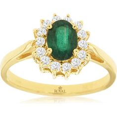 Luxurious 14K Yellow Gold 0.30 Carat Emerald & 0.65 Carat Diamond Ring Emerald Diamond Ring, Yellow Gold Jewelry, Royal Jewelry, Emerald Stone, Emerald Diamond, Oval Diamond, Deep Green, Diamond Shapes, Timeless Beauty