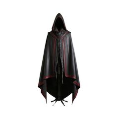 This medieval archery leather cloak features a striking black and red color scheme, crafted from high-quality, durable leather. It includes a hood for head protection and an open front with a lace-up closure, allowing quick access to an archer's quiver and bow. The back of the cloak extends longer for added protection, while the front is shorter for ease of movement. Subtle leather stitching patterns and metal fastenings enhance its period-appropriate aesthetic. Displayed on a stand, the cloak i Black Cosplay Costume For Fantasy Events In Winter, Medieval Festivals Black Cosplay Costume For Fantasy Events, Black Hooded Cosplay Costume, Black Cosplay Costume For Medieval Festivals, Black Hooded Cosplay Costume For Halloween, Black Leather Outerwear For Cosplay, Black Hooded Medieval Outerwear, Black Vampire Cape For Winter, Black Hooded Cape For Costume Party