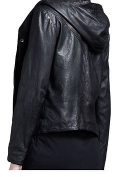 Winter Hooded Leather Jacket, Leather Jacket With Double-lined Hood, Fitted Leather Outerwear With Double-lined Hood, Hooded Leather Jacket With Zipper For Fall, Fitted Hooded Biker Outerwear, Fitted Biker Outerwear With Hood, Leather Biker Jacket With Double-lined Hood For Fall, Winter Biker Jacket With Double-lined Hood, Hooded Leather Outerwear With Double-lined Hood