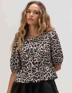 WEST OF MELROSE Womens Bow Peplum Top - LEOPARD | Tillys Chic Leopard Print Tops For Spring, Summer Leopard Print Top For Work, Summer Leopard Print Tops For Workwear, Leopard Print Summer Workwear Top, Leopard Print Tops For Summer Workwear, Summer Workwear Leopard Print Tops, Spring Leopard Print Ruffled Blouse, Spring Leopard Print Tops With Ruffles, Leopard Print Ruffled Top For Summer