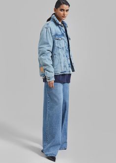 Color: Cloud Washing Midweight padded denim fabric Regular fit Pointed collar Front flap pockets Side welt pockets Button cuffs Front button closure Unlined 100% Cotton Machine Wash Cold By Haikure. Made in Italy