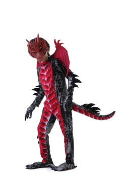 a man in a red and black dragon costume