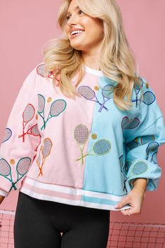 Serve up some style with this Light Pink & Blue Colorblock Tennis Sweatshirt. Our classic sweatshirt with a boho twist, this long sleeve top features a balloon sleeve with an extra roomy fit. The two-tone design and stripe detailing add a sporty touch, while the sequin tennis racket design adds a touch of glam. Perfect for on and off the court!🎾🩵 Care instructions: hand wash only, inside out Trendy Color Block Sweatshirt For Loungewear, Trendy Patchwork Tops For Loungewear, Spring Color Block Sweater For Loungewear, Trendy Multicolor Long Sleeve Sweatshirt, Casual Balloon Sleeve Spring Sweater, Long Sleeve Patchwork Tops For Loungewear, Pink Color Block Sweatshirt For Spring, Multicolor Sweatshirt For Fall Loungewear, Oversized Color Block Sweatshirt For Spring